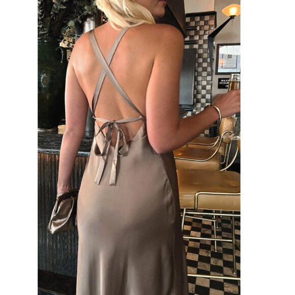 Show Me Your MuMu Anderson Taupe Satin Maxi Dress Size XS NWOT - Picture 4 of 12
